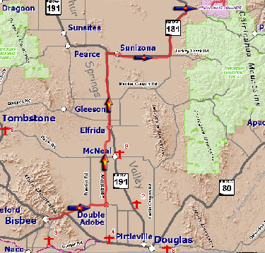 Map Bisbee to Chiricahua NM